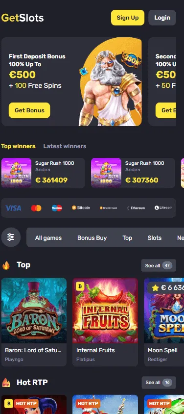 Getslots Casino games area on a mobile device