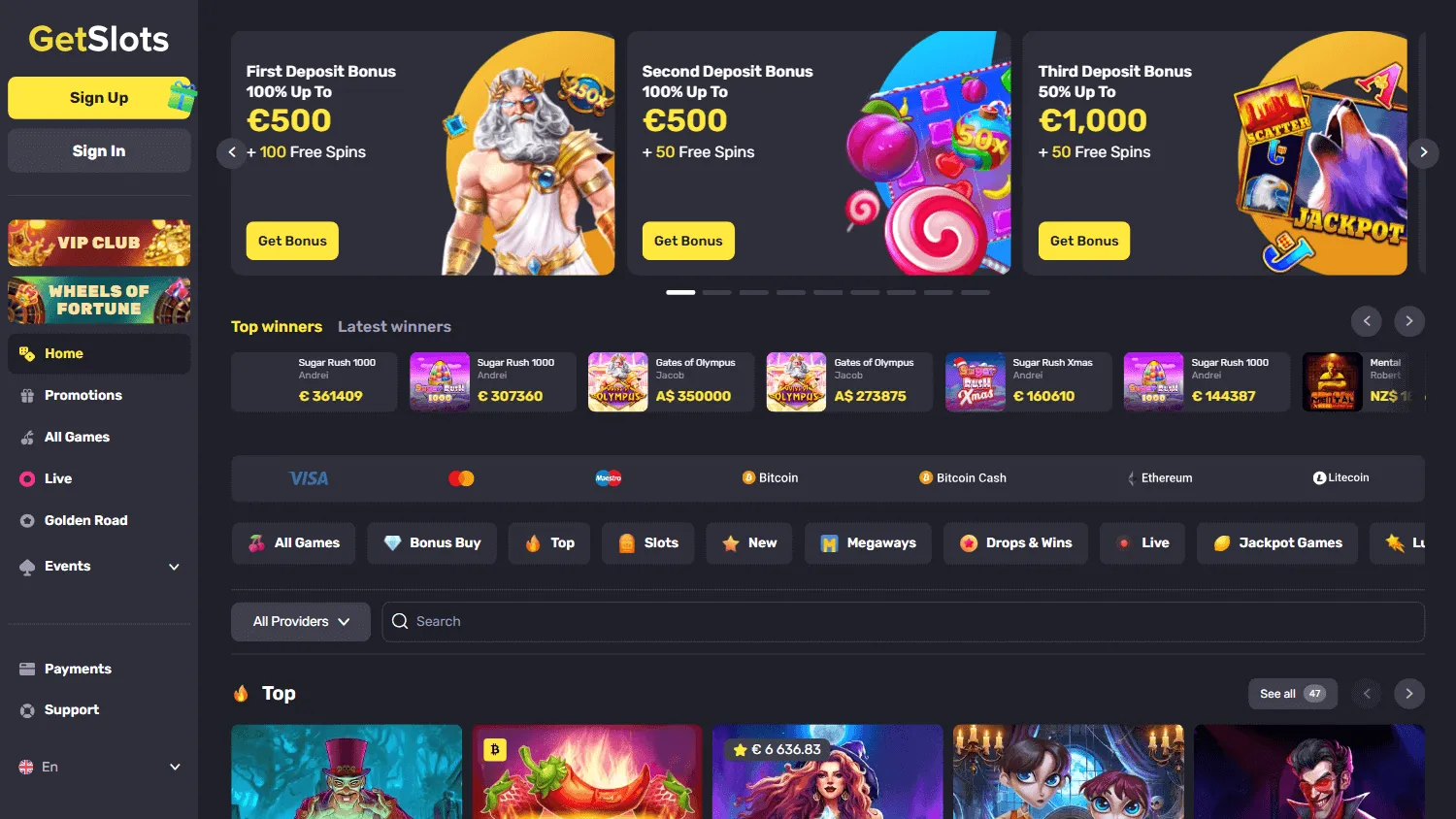 Getslots Casino games area on desktop