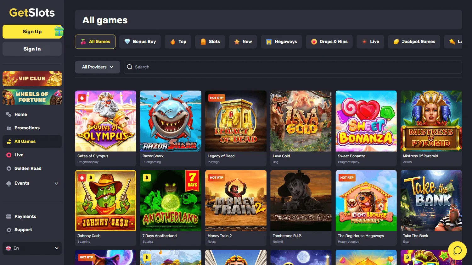 Getslots Casino live and casino games area on desktop