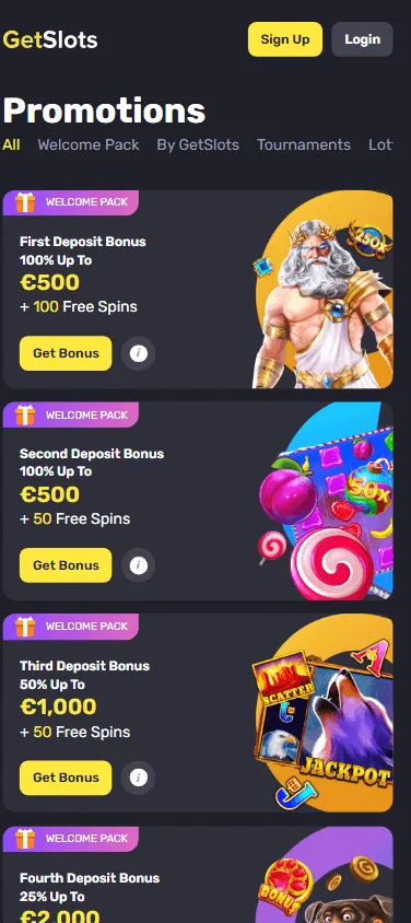 Getslots Casino promotions area on a mobile device