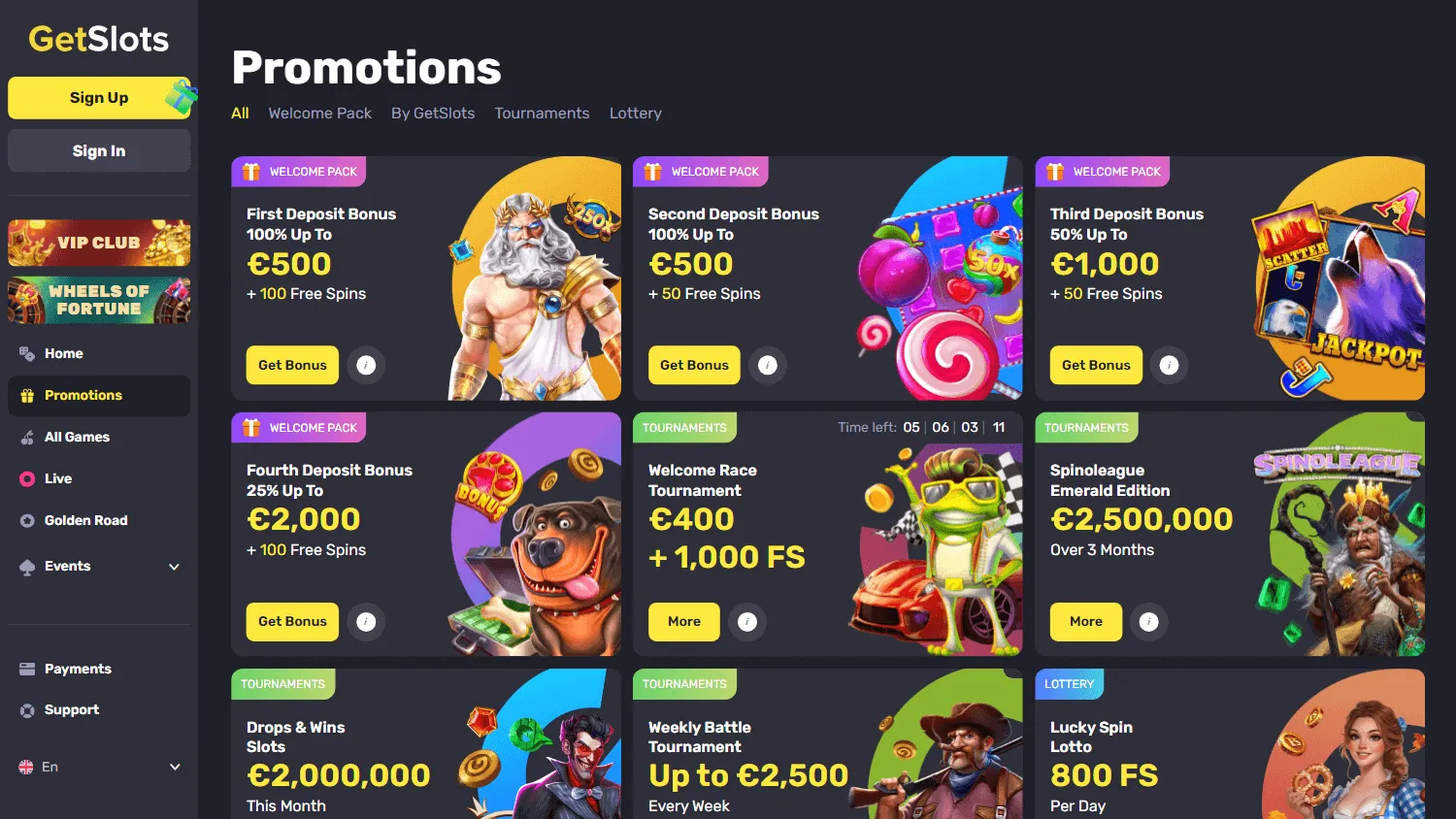 Getslots Casino promotions area on desktop